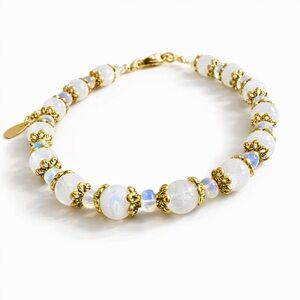 Moonstone & Opal Crystal Bead Bracelet Steel Silver Gold Jewelry Handmade